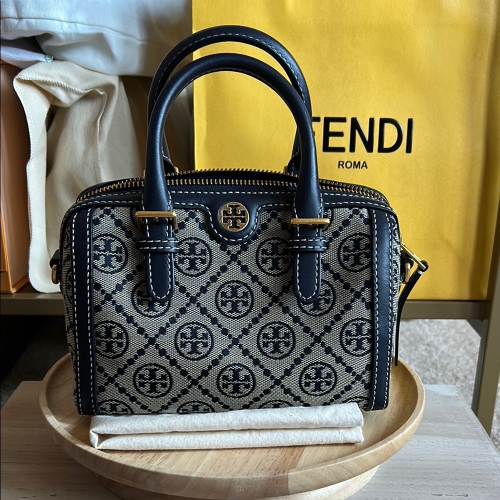 Petite T monogram Barrel Bag in navy blue